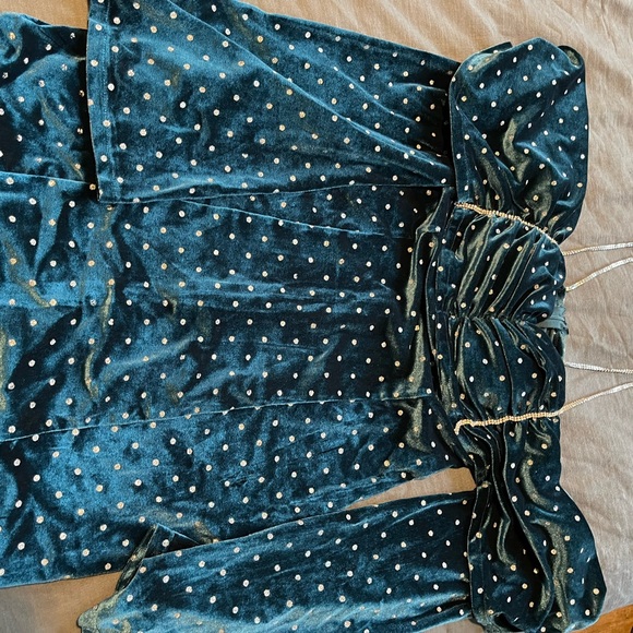 NWOT Polka Dot Diamanté Trim Off-the-shoulder Mini Dress in Teal *see note* - Picture 2 of 5